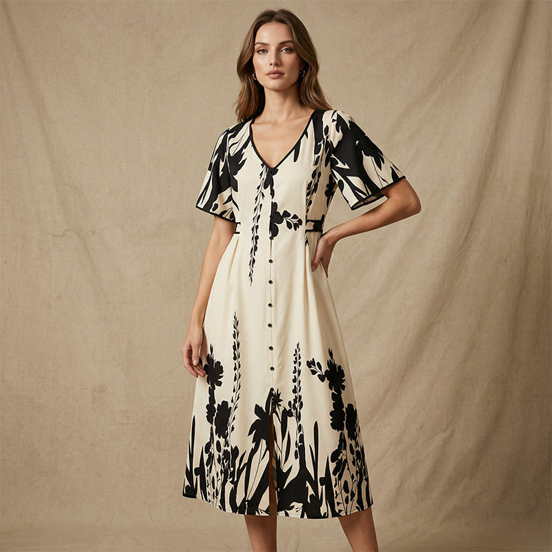 👗 50% OFF NOW! 🌸 Women's Botanical Print Midi Dress – V-Neck, A-Line & Flutter Sleeves 🌿