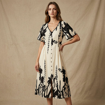 👗 50% OFF NOW! 🌸 Women's Botanical Print Midi Dress – V-Neck, A-Line & Flutter Sleeves 🌿