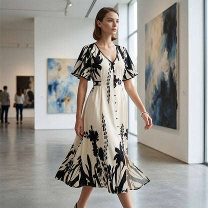 👗 50% OFF NOW! 🌸 Women's Botanical Print Midi Dress – V-Neck, A-Line & Flutter Sleeves 🌿