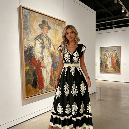 👗Women's V-Neck Baroque Print Flowy Maxi Dress