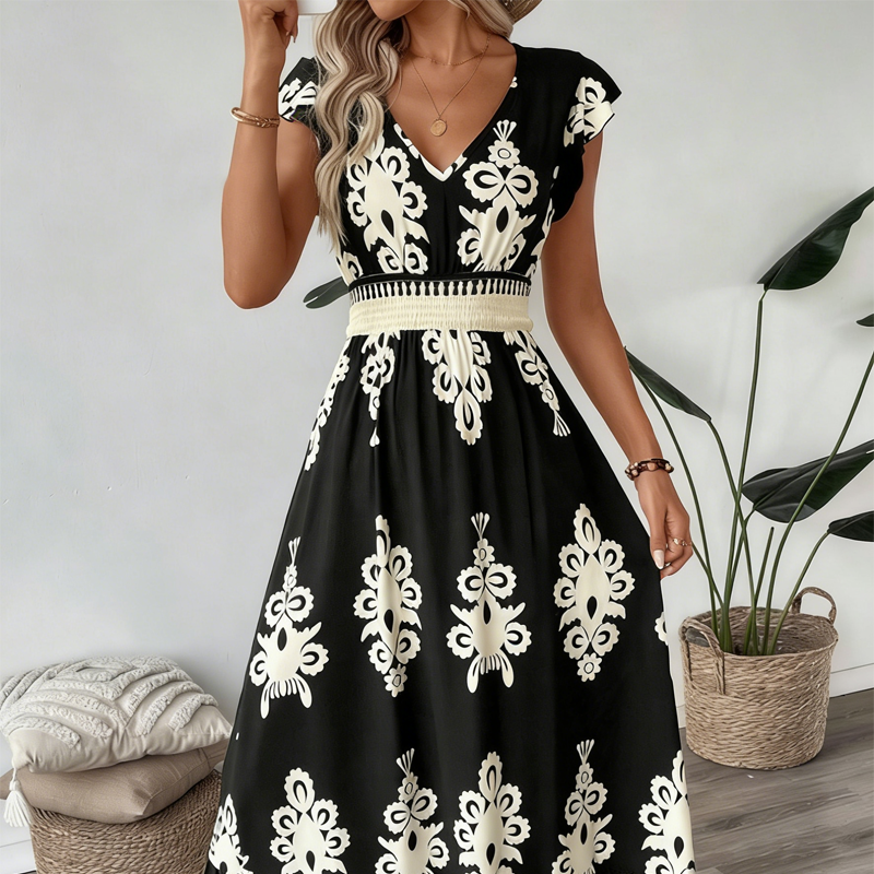 👗Women's V-Neck Baroque Print Flowy Maxi Dress
