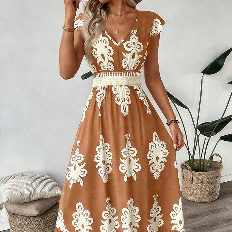 👗Women's V-Neck Baroque Print Flowy Maxi Dress