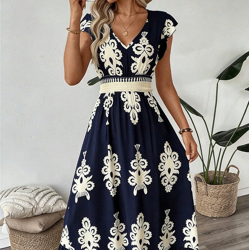 👗Women's V-Neck Baroque Print Flowy Maxi Dress