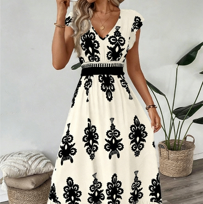👗Women's V-Neck Baroque Print Flowy Maxi Dress