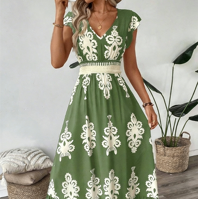 👗Women's V-Neck Baroque Print Flowy Maxi Dress