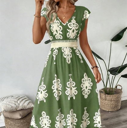 👗Women's V-Neck Baroque Print Flowy Maxi Dress