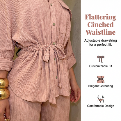 🎀 50% OFF NOW! 👖 Women's Drawstring Shirt & Wide-Leg Pants Set – Adjustable Waist, Flowy Trousers & Textured Fabric 🌿