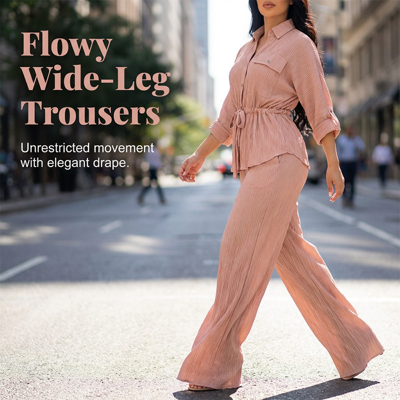 🎀 50% OFF NOW! 👖 Women's Drawstring Shirt & Wide-Leg Pants Set – Adjustable Waist, Flowy Trousers & Textured Fabric 🌿