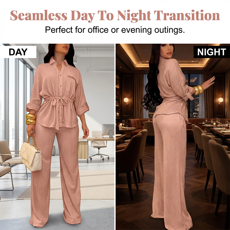 🎀 50% OFF NOW! 👖 Women's Drawstring Shirt & Wide-Leg Pants Set – Adjustable Waist, Flowy Trousers & Textured Fabric 🌿