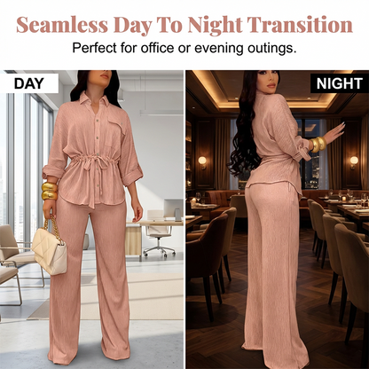 🎀 50% OFF NOW! 👖 Women's Drawstring Shirt & Wide-Leg Pants Set – Adjustable Waist, Flowy Trousers & Textured Fabric 🌿