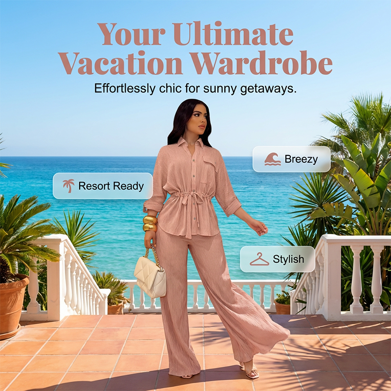 🎀 50% OFF NOW! 👖 Women's Drawstring Shirt & Wide-Leg Pants Set – Adjustable Waist, Flowy Trousers & Textured Fabric 🌿