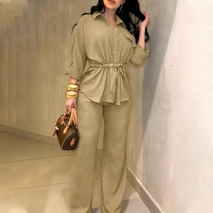 🎀 50% OFF NOW! 👖 Women's Drawstring Shirt & Wide-Leg Pants Set – Adjustable Waist, Flowy Trousers & Textured Fabric 🌿