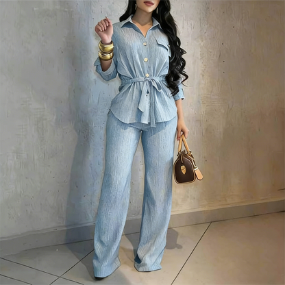 🎀 50% OFF NOW! 👖 Women's Drawstring Shirt & Wide-Leg Pants Set – Adjustable Waist, Flowy Trousers & Textured Fabric 🌿