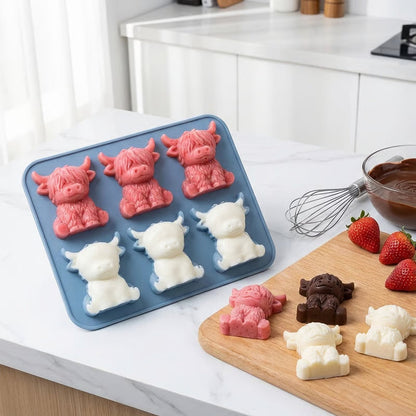 🐮6‐Cavity Mini Highland Cow Ice Cube & Dessert Mold 🧊🍪 Cute 3D Ice for Drinks, Parties & Gifts💕