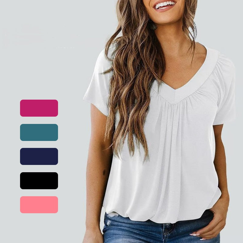 Women's Casual Pleated V-Neck Short-Sleeve Top