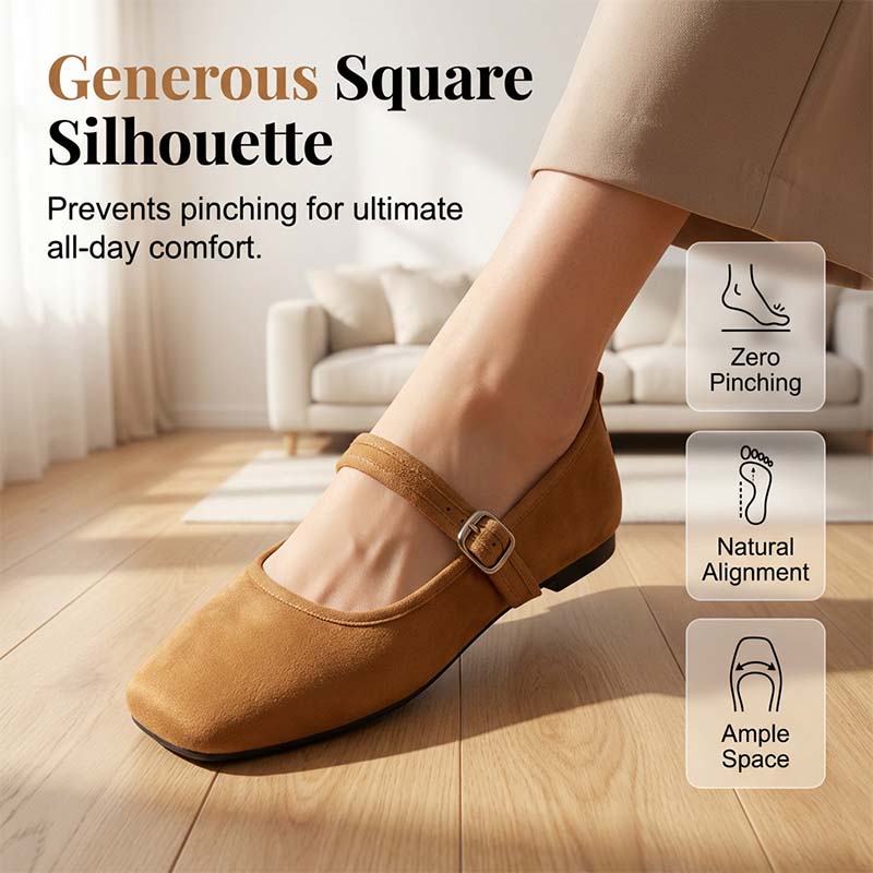 🩰 50% OFF NOW! 🌿 Comfortable PU Ballet Flats – Suede-Look, Adjustable Strap & Square Toe – All-Day Comfort 🌸