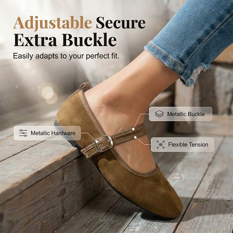 🩰 50% OFF NOW! 🌿 Comfortable PU Ballet Flats – Suede-Look, Adjustable Strap & Square Toe – All-Day Comfort 🌸