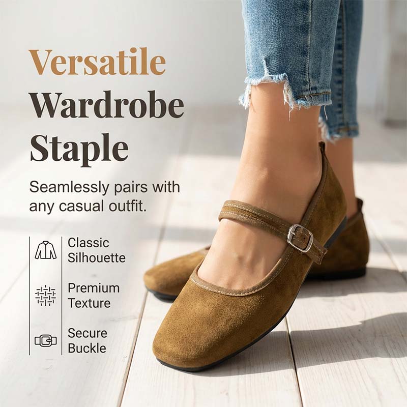 🩰 50% OFF NOW! 🌿 Comfortable PU Ballet Flats – Suede-Look, Adjustable Strap & Square Toe – All-Day Comfort 🌸