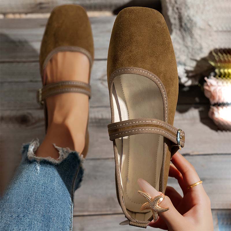 🩰 50% OFF NOW! 🌿 Comfortable PU Ballet Flats – Suede-Look, Adjustable Strap & Square Toe – All-Day Comfort 🌸
