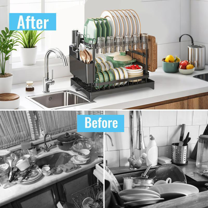 🥳2026 HOT SALE🥳💞50K+ SOLD!🥘💧 50% OFF + Free Shipping! Dish Drying Rack – Two tiers, stable vertical slots. Rotating spout keeps counter dry. No more puddles! 🛡️✅