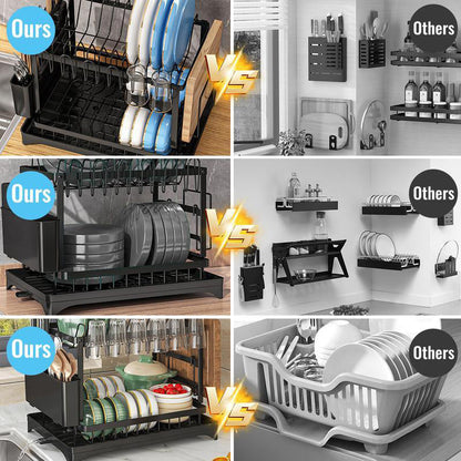 🥳2026 HOT SALE🥳💞50K+ SOLD!🥘💧 50% OFF + Free Shipping! Dish Drying Rack – Two tiers, stable vertical slots. Rotating spout keeps counter dry. No more puddles! 🛡️✅