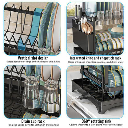 🥳2026 HOT SALE🥳💞50K+ SOLD!🥘💧 50% OFF + Free Shipping! Dish Drying Rack – Two tiers, stable vertical slots. Rotating spout keeps counter dry. No more puddles! 🛡️✅