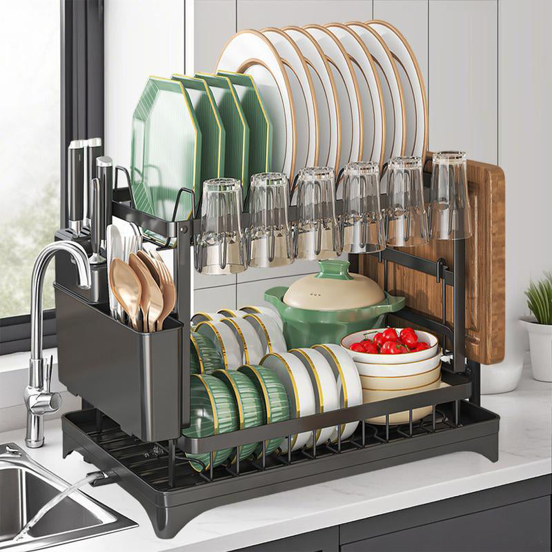 🥳2026 HOT SALE🥳💞50K+ SOLD!🥘💧 50% OFF + Free Shipping! Dish Drying Rack – Two tiers, stable vertical slots. Rotating spout keeps counter dry. No more puddles! 🛡️✅
