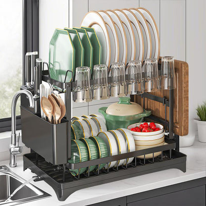 🥳2026 HOT SALE🥳💞50K+ SOLD!🥘💧 50% OFF + Free Shipping! Dish Drying Rack – Two tiers, stable vertical slots. Rotating spout keeps counter dry. No more puddles! 🛡️✅