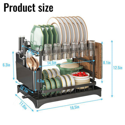 🥳2026 HOT SALE🥳💞50K+ SOLD!🥘💧 50% OFF + Free Shipping! Dish Drying Rack – Two tiers, stable vertical slots. Rotating spout keeps counter dry. No more puddles! 🛡️✅
