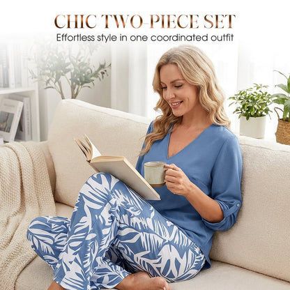 📢📢50% OFF !! ⏰Women's V-Neck Blouse & Printed Wide-Leg Pants Set