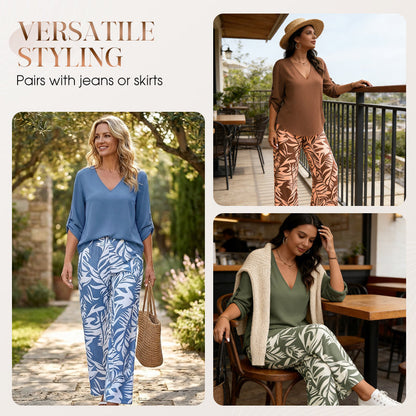 📢📢50% OFF !! ⏰Women's V-Neck Blouse & Printed Wide-Leg Pants Set