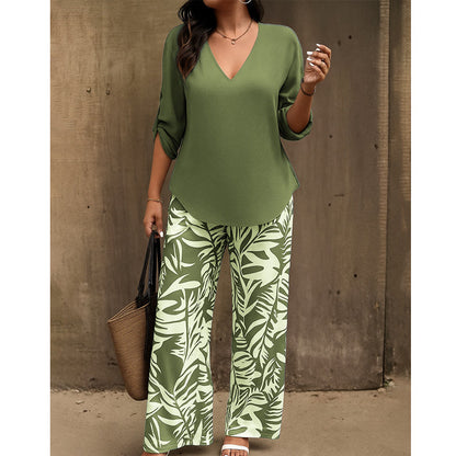 📢📢50% OFF !! ⏰Women's V-Neck Blouse & Printed Wide-Leg Pants Set