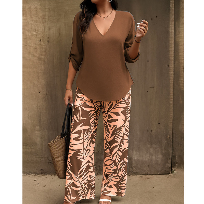 📢📢50% OFF !! ⏰Women's V-Neck Blouse & Printed Wide-Leg Pants Set