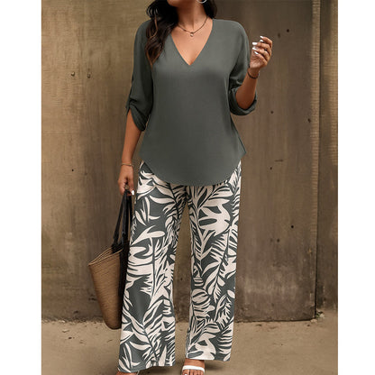 📢📢50% OFF !! ⏰Women's V-Neck Blouse & Printed Wide-Leg Pants Set