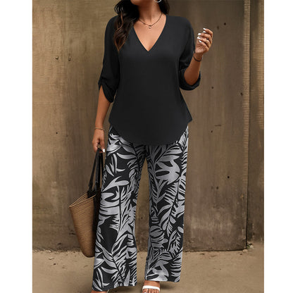 📢📢50% OFF !! ⏰Women's V-Neck Blouse & Printed Wide-Leg Pants Set