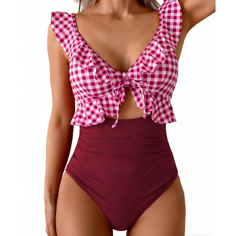 🎉 LIMITED TIME 50% OFF! 🩱 Ruffle V-Neck Swimsuit – Tummy Control & Adjustable Tie-Back Fit 🌊