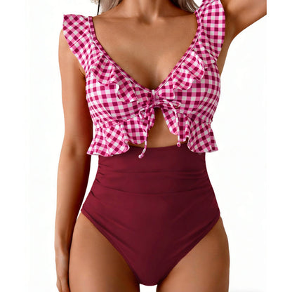 🎉 LIMITED TIME 50% OFF! 🩱 Ruffle V-Neck Swimsuit – Tummy Control & Adjustable Tie-Back Fit 🌊