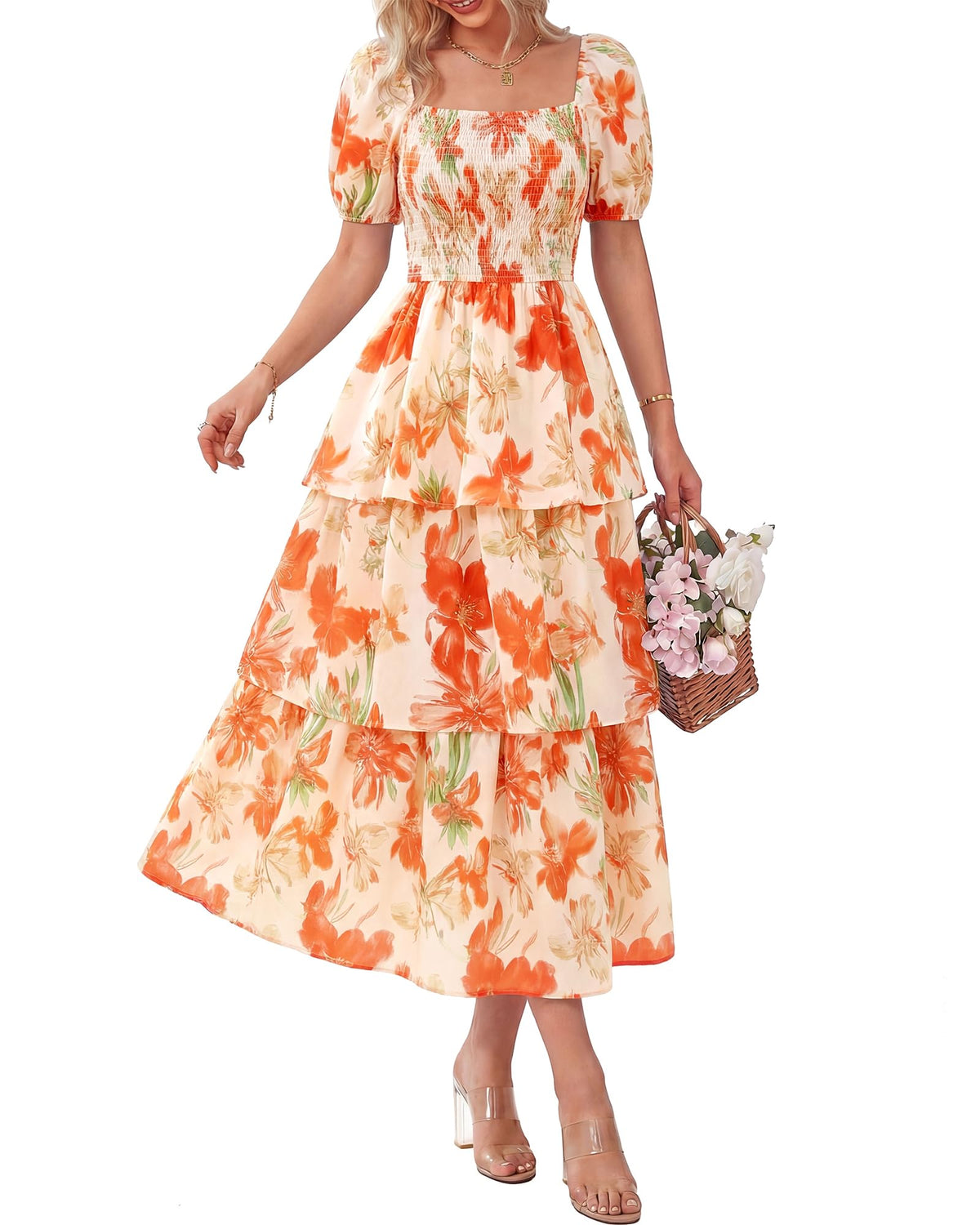 ⏰Summer Hot Sale 50% OFF💃Women's Floral Square Neck Puff Short Sleeve Smocked Tiered Dress