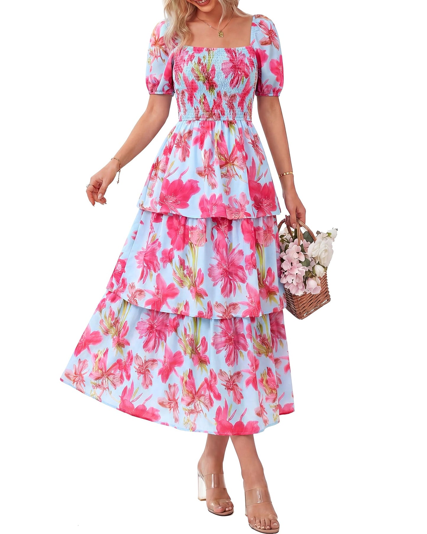 ⏰Summer Hot Sale 50% OFF💃Women's Floral Square Neck Puff Short Sleeve Smocked Tiered Dress