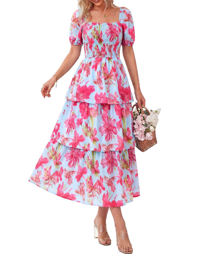 ⏰Summer Hot Sale 50% OFF💃Women's Floral Square Neck Puff Short Sleeve Smocked Tiered Dress