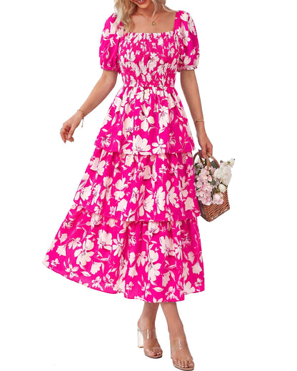 ⏰Summer Hot Sale 50% OFF💃Women's Floral Square Neck Puff Short Sleeve Smocked Tiered Dress