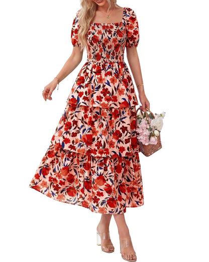 ⏰Summer Hot Sale 50% OFF💃Women's Floral Square Neck Puff Short Sleeve Smocked Tiered Dress