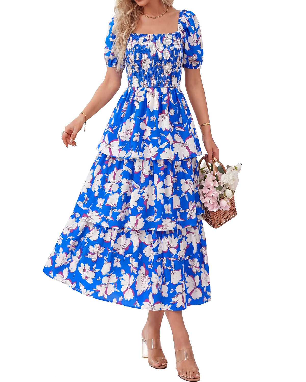⏰Summer Hot Sale 50% OFF💃Women's Floral Square Neck Puff Short Sleeve Smocked Tiered Dress
