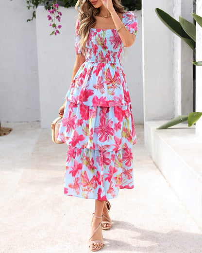 ⏰Summer Hot Sale 50% OFF💃Women's Floral Square Neck Puff Short Sleeve Smocked Tiered Dress