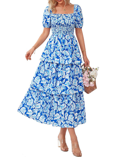 ⏰Summer Hot Sale 50% OFF💃Women's Floral Square Neck Puff Short Sleeve Smocked Tiered Dress