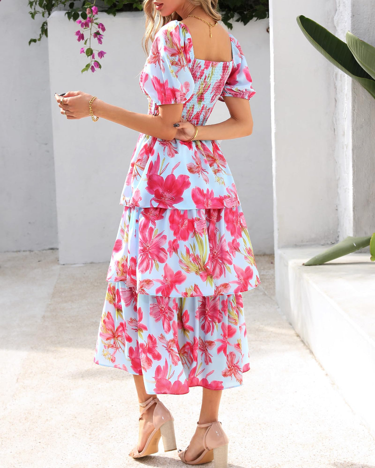 ⏰Summer Hot Sale 50% OFF💃Women's Floral Square Neck Puff Short Sleeve Smocked Tiered Dress