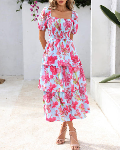 ⏰Summer Hot Sale 50% OFF💃Women's Floral Square Neck Puff Short Sleeve Smocked Tiered Dress