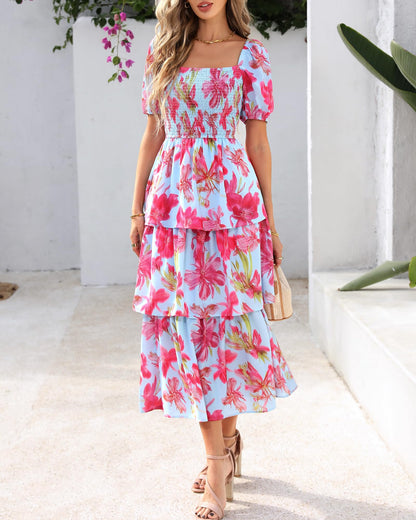 ⏰Summer Hot Sale 50% OFF💃Women's Floral Square Neck Puff Short Sleeve Smocked Tiered Dress