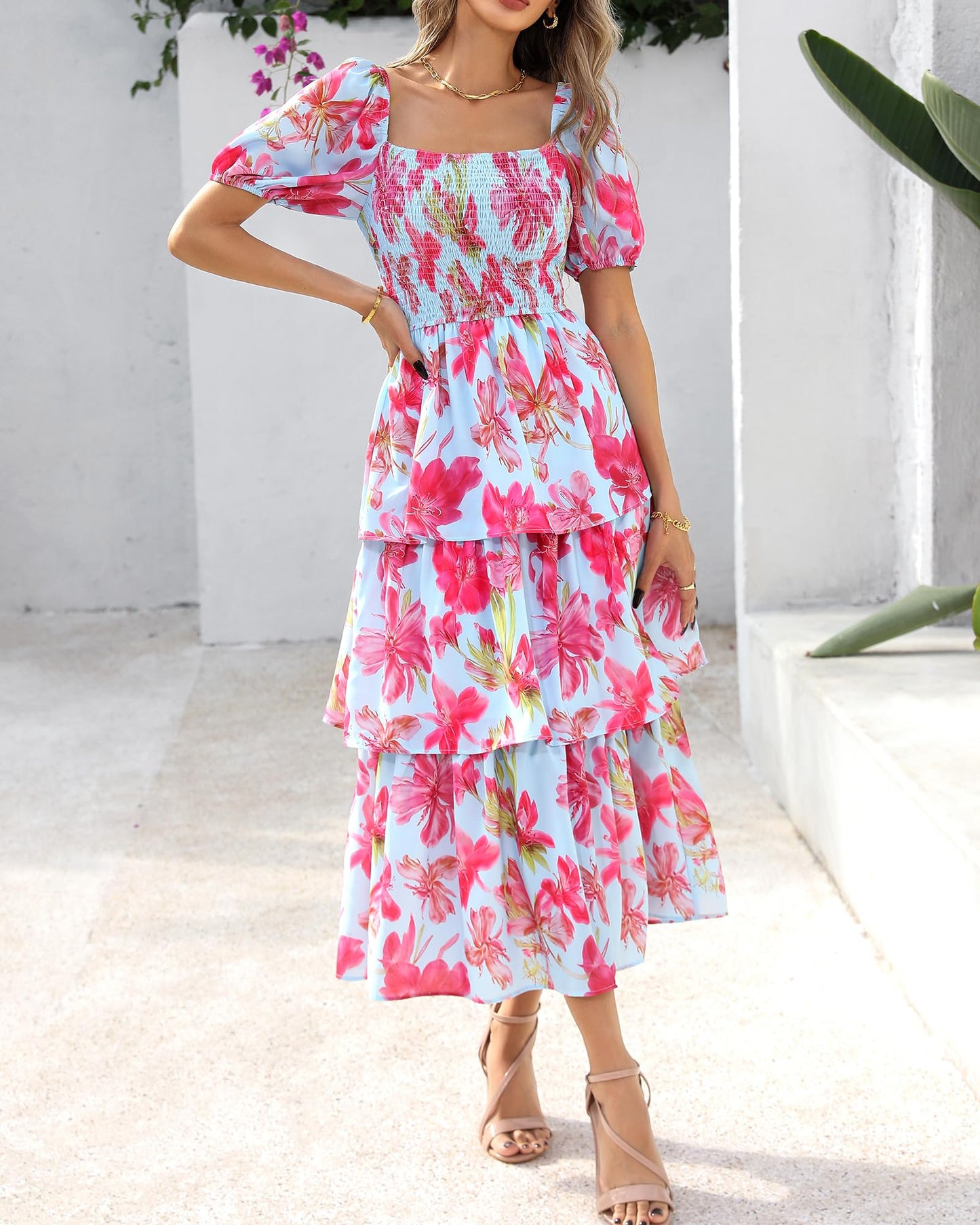 ⏰Summer Hot Sale 50% OFF💃Women's Floral Square Neck Puff Short Sleeve Smocked Tiered Dress