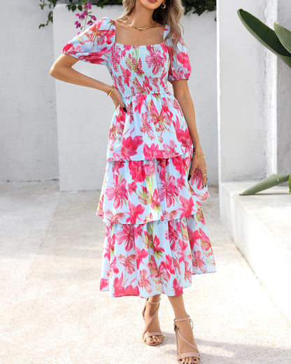 ⏰Summer Hot Sale 50% OFF💃Women's Floral Square Neck Puff Short Sleeve Smocked Tiered Dress